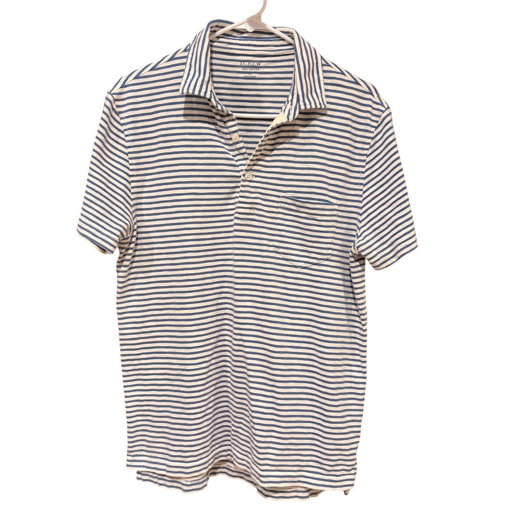 J Crew Mens Striped Short Sleeve Polo Shirt Blue White Cotton Size Medium
